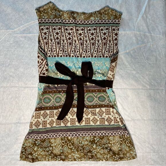 MCM Babydoll Sleeveless V-Neck Belted Tank Top Side Slits Y2K Size L Brown Teal - Picture 3 of 9